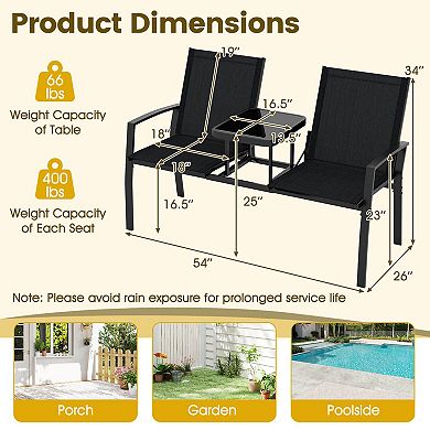 Costway Patio Loveseat with Built-in Table, Breathable Fabric Back and Seat, Metal Frame