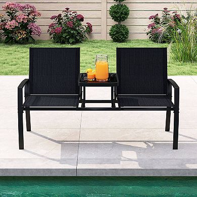 Costway Patio Loveseat with Built-in Table, Breathable Fabric Back and Seat, Metal Frame