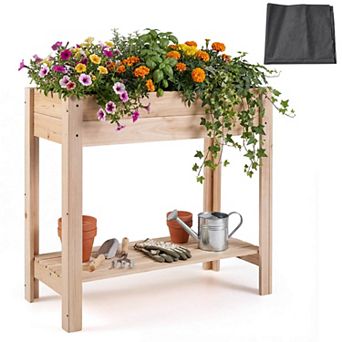 Costway Wooden Raised Garden Bed with Legs, Storage Shelf, Liner, Drainage for Backyard