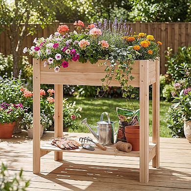 Costway Wooden Raised Garden Bed with Legs, Storage Shelf, Liner, Drainage for Backyard