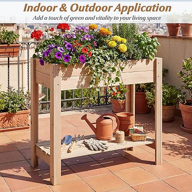Costway Wooden Raised Garden Bed with Legs, Storage Shelf, Liner, Drainage for Backyard