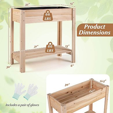 Costway Wooden Raised Garden Bed with Legs, Storage Shelf, Liner, Drainage for Backyard