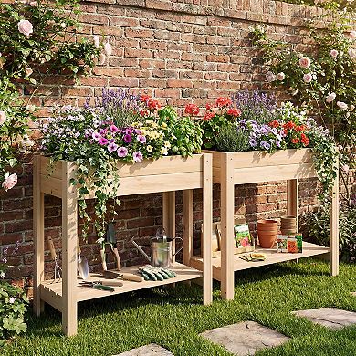 Costway Wooden Raised Garden Bed with Legs, Storage Shelf, Liner, Drainage for Backyard