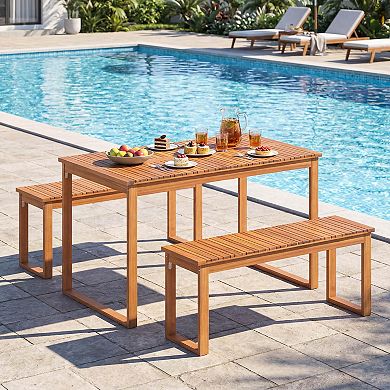 Costway Outdoor Acacia Wood Dining Table, Rectangular Patio Table with Slatted Tabletop