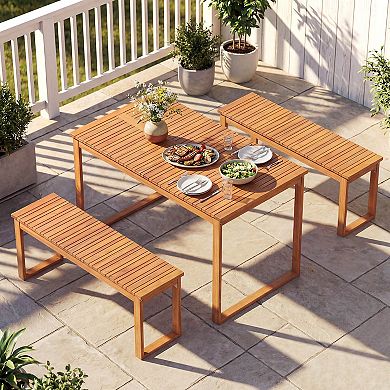 Costway Outdoor Acacia Wood Dining Table, Rectangular Patio Table with Slatted Tabletop