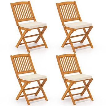Costway Outdoor Folding Chairs Set of 4 Acacia Wood High-Back Chair with Seat Cushions
