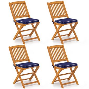 Costway Outdoor Folding Chairs Set of 4 Acacia Wood High-Back Chair with Seat Cushions