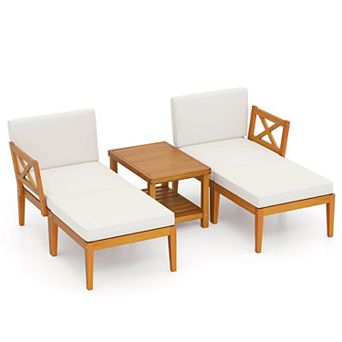 Costway 5 pc Acacia Wood Patio Chaise Lounge Chair Set with 2 tier Coffee Table Cushions
