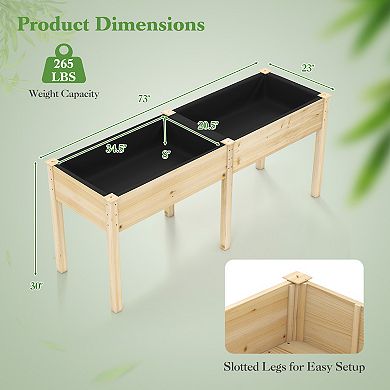Costway Outdoor Raised Garden Bed with Legs 73x23x30in Wood Planter Box with Divider Panel
