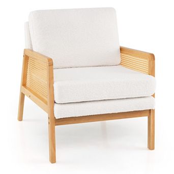 Costway Mid Century Modern Accent Chair Living Room Armchair with Rattan Arms Wooden Frame