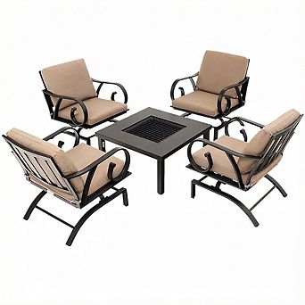 Costway 5 pc Patio Rocking Chairs 4-in-1 Fire Pit Table Heavy-Duty Conversation Outdoor