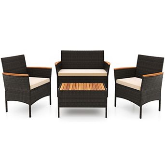 Costway 4 pc Patio Wicker Sofa Set with Coffee Table Acacia Wood Armrests & Tabletop