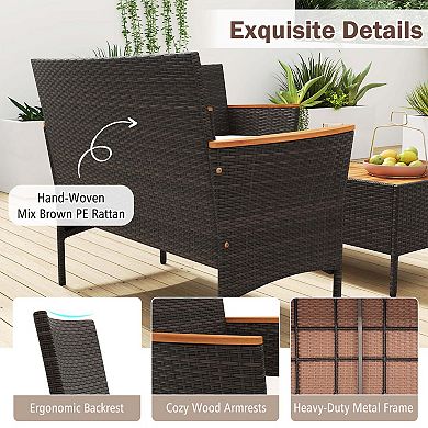 Costway 4 PCS Patio Wicker Sofa Set with Coffee Table Acacia Wood Armrests & Tabletop