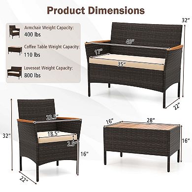 Costway 4 PCS Patio Wicker Sofa Set with Coffee Table Acacia Wood Armrests & Tabletop