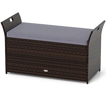 Costway Outdoor Bench with Hand-woven PE Rattan Wicker Cushion & Side Handles Storage