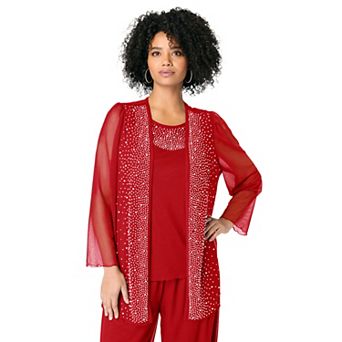 Roaman's Women's Plus Size Mesh Overlay Cardigan And Tank Set.