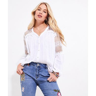Joe Browns Women's Plus Size Crochet Trim Button-Front Tunic Blouse