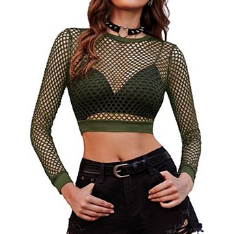Avidlove Fishnet Shirt Women Crop Fish Net Top Long Sleeves Mesh Sheer Top