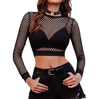 Avidlove Fishnet Shirt Women Crop Fish Net Top Long Sleeves Mesh Sheer Top
