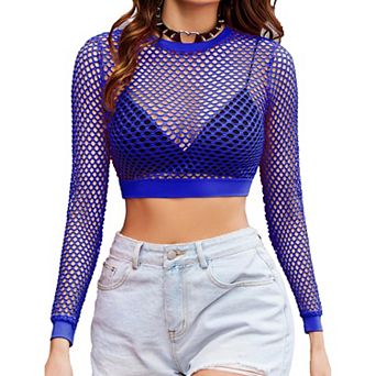 Avidlove Fishnet Shirt Women Crop Fish Net Top Long Sleeves Mesh Sheer Top