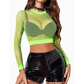 Avidlove Fishnet Shirt Women Crop Fish Net Top Long Sleeves Mesh Sheer Top