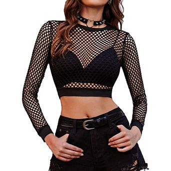 Avidlove Fishnet Shirt Women Crop Fish Net Top Long Sleeves Mesh Sheer Top