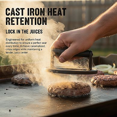 6.5" Cast Iron Smash Burger Press, Crispy Flat Edge Tool for Grill and Griddle BBQ