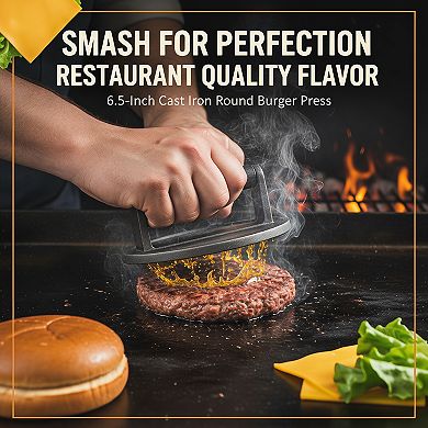 6.5" Cast Iron Smash Burger Press, Crispy Flat Edge Tool for Grill and Griddle BBQ