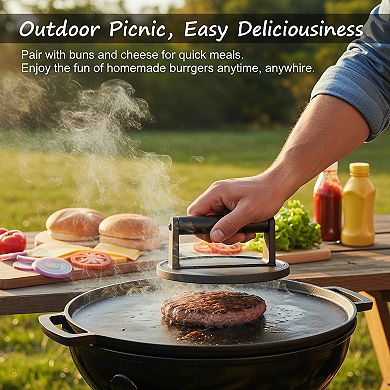 6.5" Cast Iron Smash Burger Press, Crispy Flat Edge Tool for Grill and Griddle BBQ