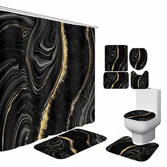 Black Marble Shower Curtain Set with Rugs & Toilet Lid Cover Waterproof Polyester Flannel Non-Slip