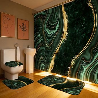 Black Marble Shower Curtain Set with Rugs & Toilet Lid Cover Waterproof Polyester Flannel Non-Slip