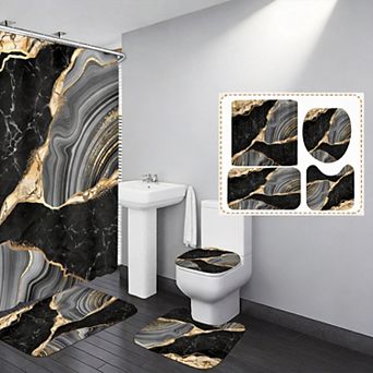 Black Marble Shower Curtain Set with Rugs & Toilet Lid Cover Waterproof Polyester Flannel Non-Slip