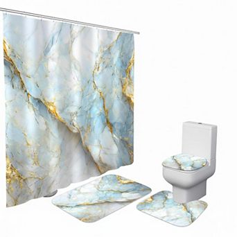 Black Marble Shower Curtain Set with Rugs & Toilet Lid Cover Waterproof Polyester Flannel Non-Slip
