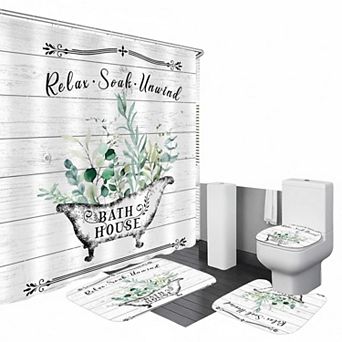 Black Marble Shower Curtain Set with Rugs & Toilet Lid Cover Waterproof Polyester Flannel Non-Slip