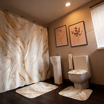Black Marble Shower Curtain Set with Rugs & Toilet Lid Cover Waterproof Polyester Flannel Non-Slip