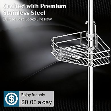 Corner Shower Tension Pole 4-tier Adjustable Shelf Rust-free Bathroom Organizer with Towel Bar Hooks