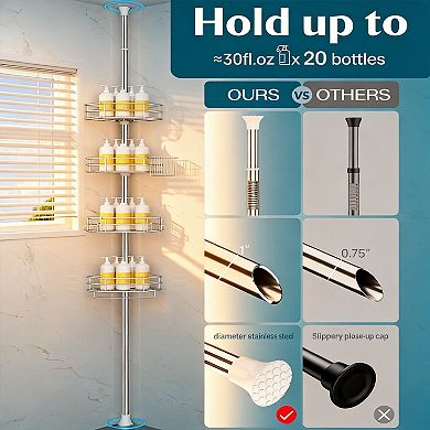 Corner Shower Tension Pole 4-tier Adjustable Shelf Rust-free Bathroom Organizer with Towel Bar Hooks