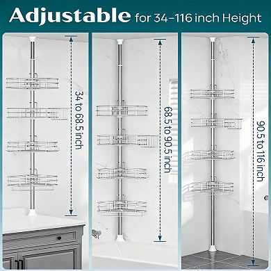 Corner Shower Tension Pole 4-tier Adjustable Shelf Rust-free Bathroom Organizer with Towel Bar Hooks