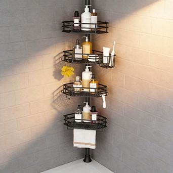 Corner Shower Tension Pole 4 tier Adjustable Shelf Rust-free Bathroom Organizer with Towel Bar Hooks