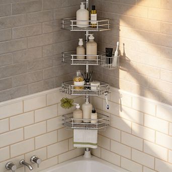 Corner Shower Tension Pole 4 tier Adjustable Shelf Rust-free Bathroom Organizer with Towel Bar Hooks
