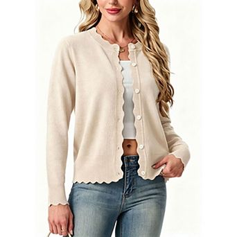 Women Button Down Lightweight Cardigan Sweater Petal Crew Neck Open Front Business Casual Cardigans