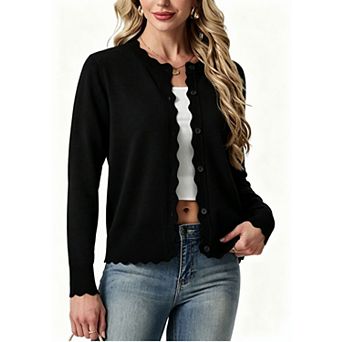 Women Button Down Lightweight Cardigan Sweater Petal Crew Neck Open Front Business Casual Cardigans