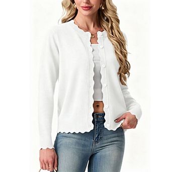 Women Button Down Lightweight Cardigan Sweater Petal Crew Neck Open Front Business Casual Cardigans