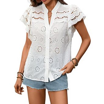 Women's Eyelet Embroidery Blouse V Neck Button Down Short Sleeve Tops