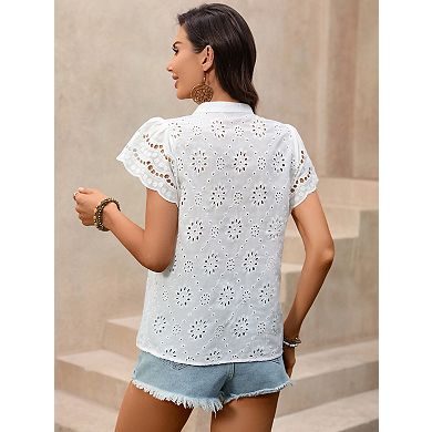 Women's Eyelet Embroidery Blouse V Neck Button Down Short Sleeve Tops