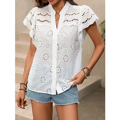 Women's Eyelet Embroidery Blouse V Neck Button Down Short Sleeve Tops