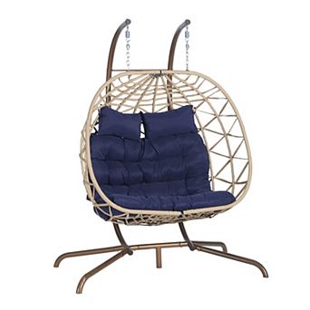 BAOURE Double Egg Chair with Stand Hanging Indoor Outdoor Wicker Rattan Patio Swing Hammock