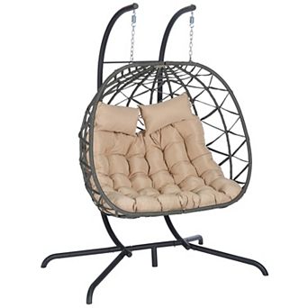 BAOURE Double Egg Chair with Stand Hanging Indoor Outdoor Wicker Rattan Patio Swing Hammock