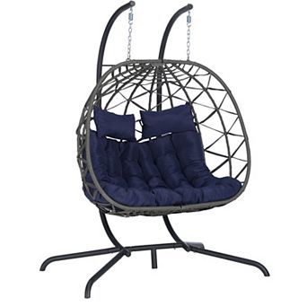 BAOURE Double Egg Chair with Stand Hanging Indoor Outdoor Wicker Rattan Patio Swing Hammock