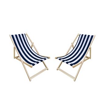 BAOURE Coastal 40 Inch Populus Wood Folding Patio Sling Chairs Dark Blue Striped Set of 2